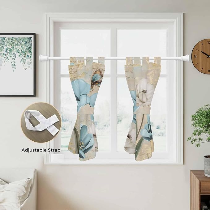 Spring Flowers Bedroom Curtains 63 Inch Length, Window Curtains Tab Top, Vintage Rustic Tulips Floral Butterfly Khaki Light Filtering Window Treatments Drapes 42"x63" 2 Panel