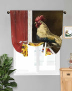Tie Up Curtains for Windows, Chicken Sunflowers Adjustable Balloon Nature Linen Textured Kitchen Curtain, Farmhouse Animals Red Barn Bees Decorative Tie Up Curtain for Window, 52" x 45"