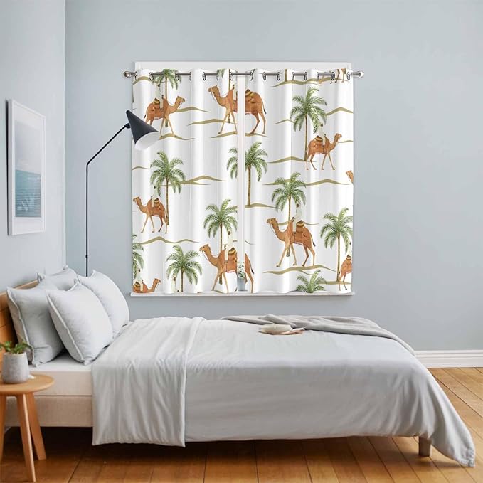 2 Panel Kitchen Cafe Curtains, Desert Camels Sunlight Filtering Nature Air Through, Home Decor Window Covering Tier Curtains for Bedroom Living Room 104W x 84L inch Tropical Date Palm Trees Animal