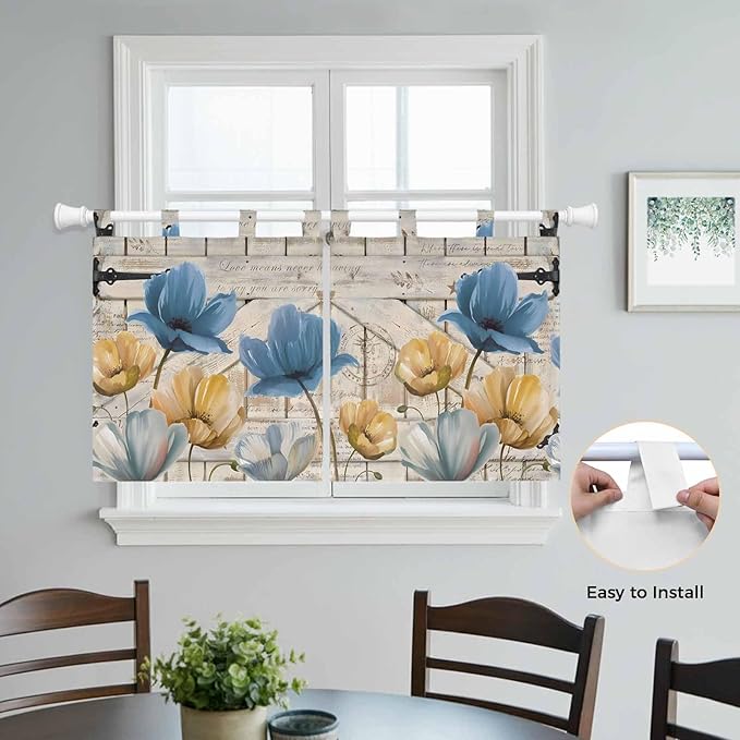 Blue Yellow Tulips Kitchen Curtains 24 Inch Length, Small Window Curtains Tab Top, Retro Farmhouse Flower Barn Doors Wooden Light Filtering Short Window Treatments Tier Drapes 27.5"x24" 2 Panel
