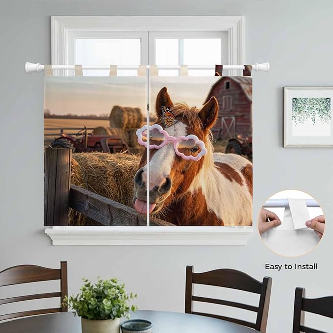 Farm Horses Bedroom Curtains 63 Inch Length, Window Curtains Tab Top, Farmhouse Barn Funny Animals Butterfly Light Filtering Window Treatments Drapes 42"x63" 2 Panel