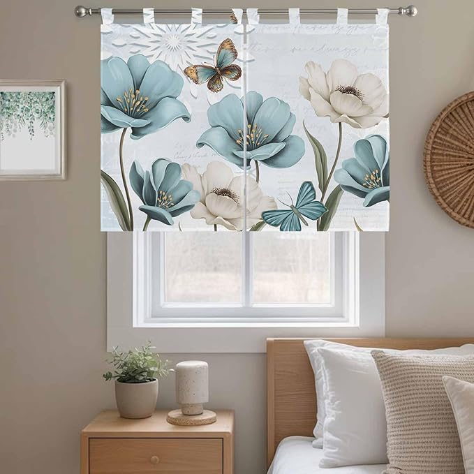 Blue Tulips Kitchen Curtains 45 Inch Length, Short Cafe Window Curtains Tab Top, Watercolor Flowers Butterfly Spring Farmhouse Blue Light Filtering Window Treatments Tier Drapes 27.5"x45" 2 Panel