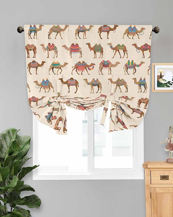 Tie Up Curtains for Windows, Summer Camels Adjustable Balloon Nature Linen Textured Kitchen Curtain, Farmhouse Retro Cartoon Desert Animals Thermal Insulated Curtains for Window, 42" x 54"