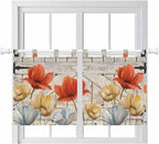 Retro Floral Kitchen Curtains 24 Inch Length, Small Window Curtains Tab Top, Red Yellow Tulips Barm Doors Farmhouse Wooden Light Filtering Short Window Treatments Tier Drapes 27.5"x24" 2 Panel