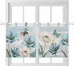 Spring Floral Kitchen Curtains 36 Inch Length, Small Window Curtains Tab Top, Vintage Tulips Flower Butterfly Retro Wood Blue Light Filtering Short Window Treatments Tier Drapes 27.5"x36" 2 Panel