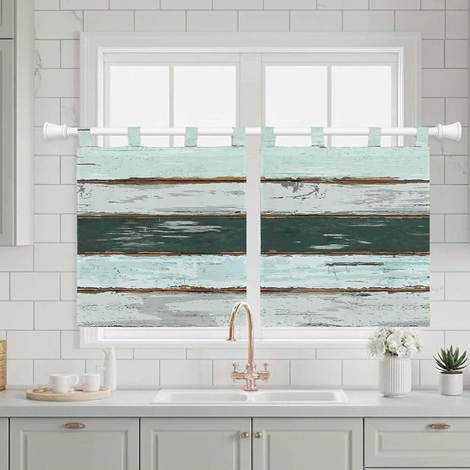 Blue Teal Kitchen Curtains 24 Inch Length, Small Window Curtains Tab Top, Vintage Wooden Retro Art Farmhouse Barns Light Filtering Short Window Treatments Tier Drapes 27.5"x24" 2 Panel