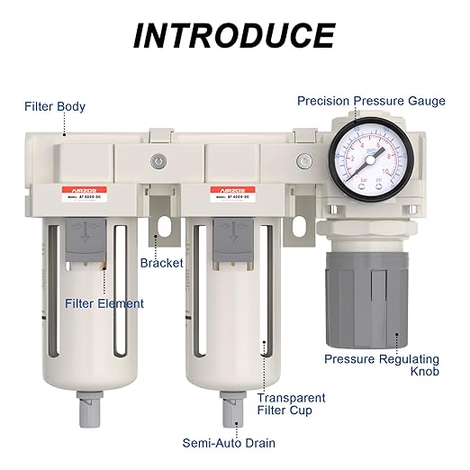 AIRZOE 3/4" NPT Air Dryer for Compressor-Air Compressor Water Separator AC4110-06,Double Air Compressor Filter,Air Pressure Regulator Combo,5 Micron Brass Element,Semi-Auto Drain,0-145 psi Gauge