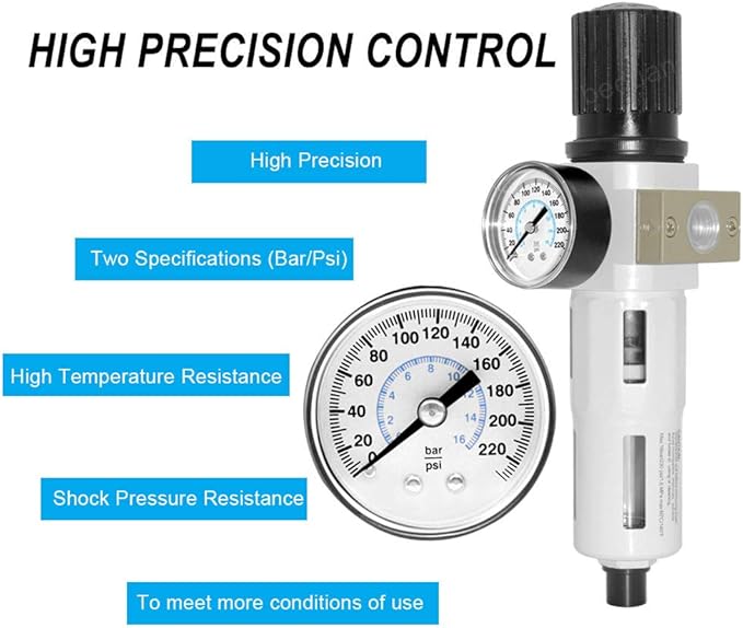 Beduan 3/8" Heavy Duty NPTCompressed Air Pressure Regulator Filter,Water/Oil Trap Separator Combo Tool Compressor Filter(MINI)