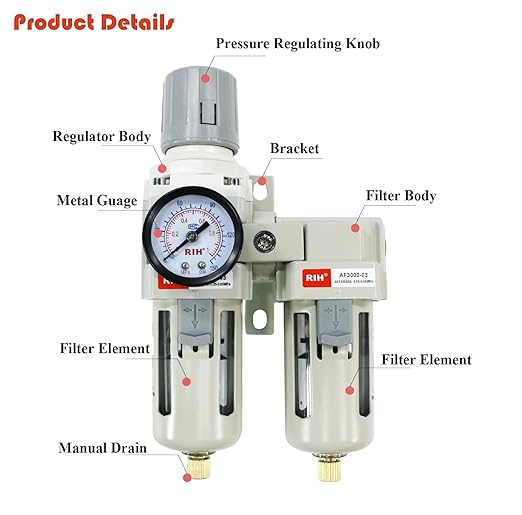 RIH Air Dryer System - 3/8”NPT Double Air Filters-5 Micron Particulate Filter& Air Pressure Regulator - Gauge(0-150 psi), Semi-Auto Drain, Poly Bowl,Bracket - 3 in 1 Two Unit