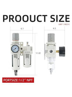1/2" PT Compressed Air Filter Regulator Lubricator Combo Water/Oil Trap Separator Air Filter Pressure Regulator Manual Drainage AC4010-04D (1/2" NPT, Automatic Drainage)