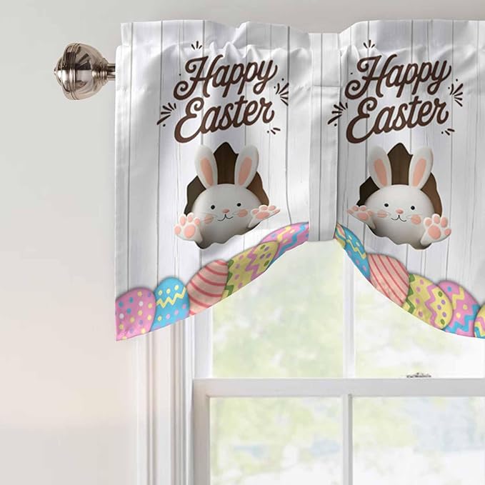 Grey Easter Tie Up Valance Curtains for Windows, Kitchen Curtains Window Shades, Spring Cartoon Bunny Colorful Eggs Wood Grain Light Filtering Roman Curtain Valances for Bedroom/Bathroom/Cafe 42"x12"