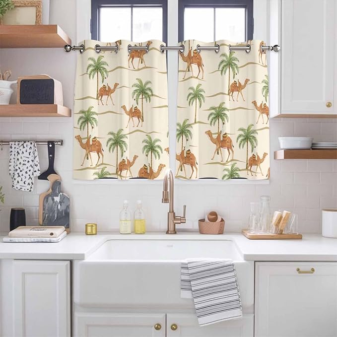 2 Panel Kitchen Cafe Curtains, Date Coconut Tree Sunlight Filtering Nature Air Through, Home Decor Window Covering Tier Curtains for Living Room 104W x 52L inch Desert Camels Botanical Tropical Beige