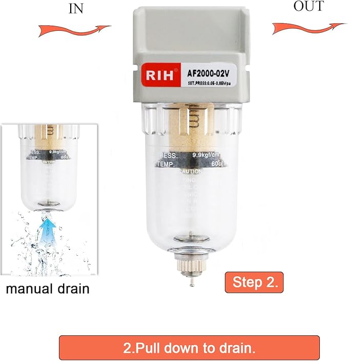 RIH 1/4" NPT Air Dryer for Compressor, Air compressor water separator,air compressor filter,AF2000-02 Manual Drain,5 Micron Brass Element, Poly Bowl 0-150 psi 5μm