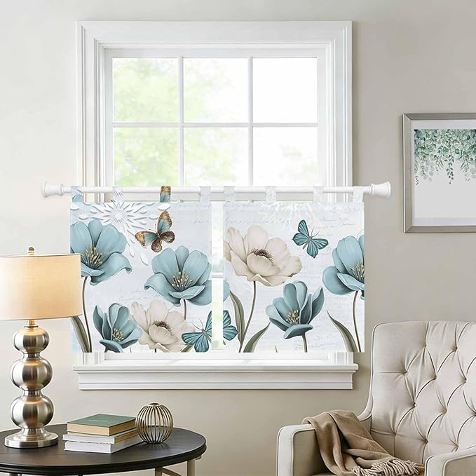 Blue Tulips Kitchen Curtains 24 Inch Length, Small Window Curtains Tab Top, Watercolor Flowers Butterfly Spring Farmhouse Blue Light Filtering Short Window Treatments Tier Drapes 27.5"x24" 2 Panel