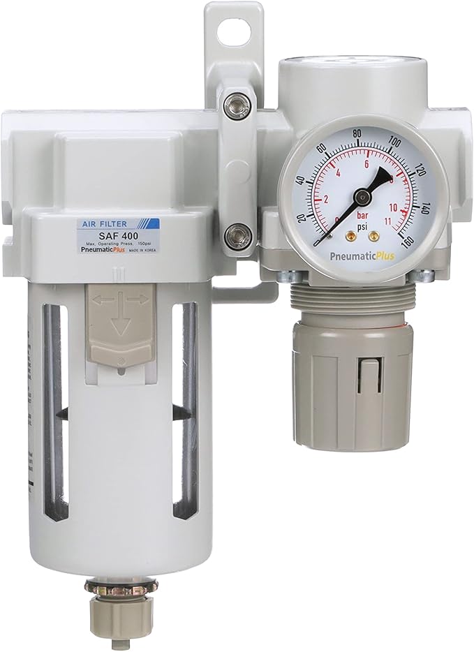 PneumaticPlus SAU420-N04G Compressed Air Filter Regulator Combo 1/2" NPT - Poly Bowl, Manual Drain, Bracket, Gauge