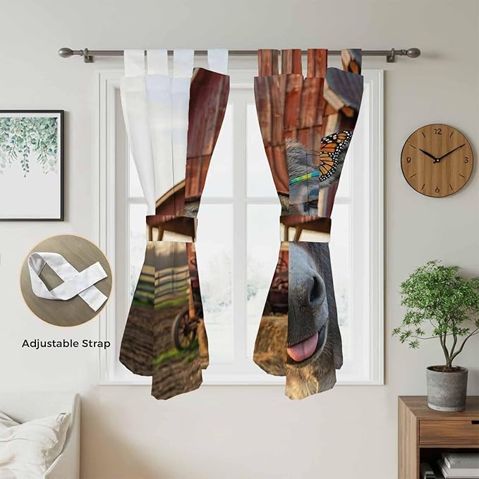Farm Donkeys Bathroom Curtains 63 Inch Length, Window Curtains Tab Top, Farmhouse Barn Funny Animals Butterfly Light Filtering Window Treatments Drapes 52"x63" 2 Panel