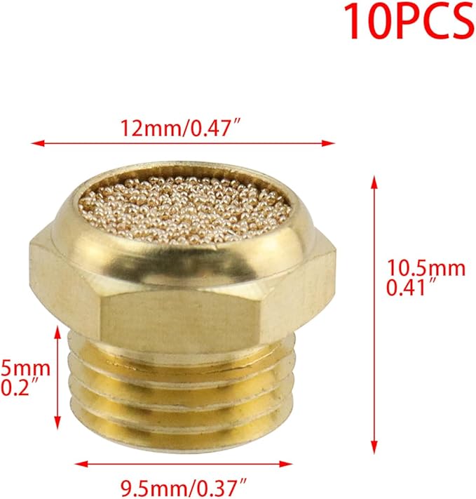 Wealrit 10 PCS Pneumatic Exhaust Mufflers, 1/8" Male Thread Hex Copper Air Muffler Silencer, 0.41" Length Industrial Muffler Filter Air Line Fitting for Compressed Air Systems, Valves, Cylinders