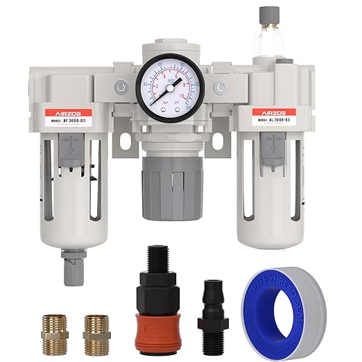 AIRZOE 3/8” NPT Air Compressor Filter, Regulator and Lubricator Combos FRL - Water Oil Trap Separator AC3000-03, 5 Micron Brass Element, Semi-Auto Drain, 0-150 psi Gauge
