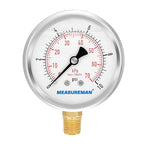 MEASUREMAN 2-1/2" dial,Glycerin Filled, Stainless Steel case, Brass Inside, 0-10psi/kpa,1/4" NPT Lower Mount