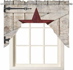 Village Stars Swag Kitchen Curtains Valance and Tier Set, Vintage Dark Red Star Beige Barn Doors Light-Filtering Swag Valance, Rod Pocket Short Curtain for Bedroom Cafe, 56x36 inches