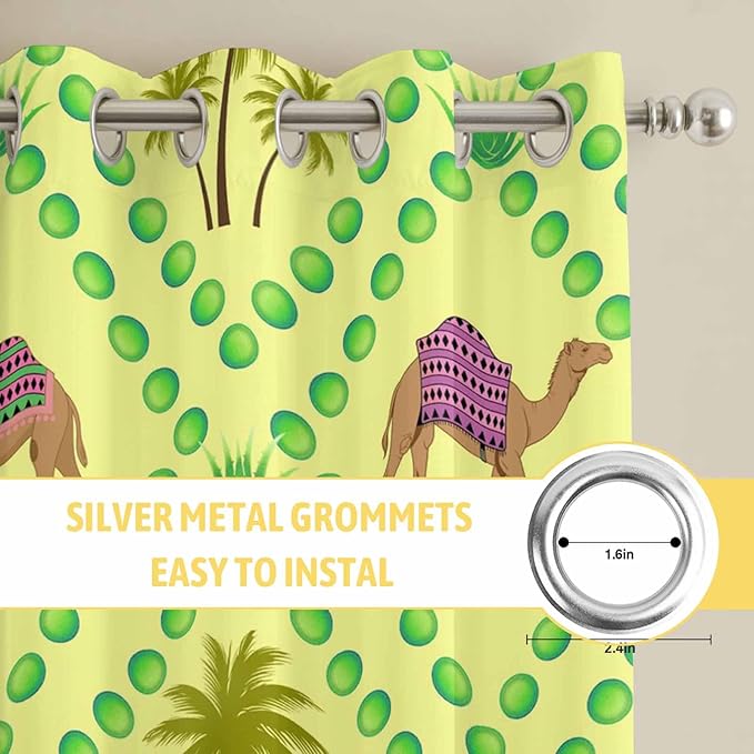 2 Panel Kitchen Cafe Curtains, Desert Sand Camels Sunlight Filtering Nature Air Through, Window Decor Tier Curtains for Living Room 104W x 52L inch Palm Trees Tropical Plants Polka Dot Yellow