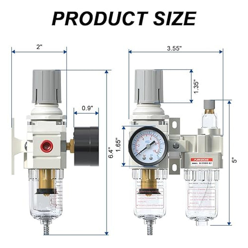 1/4" NPT Compressed Air Filter Regulator Lubricator Combo, Air Compressor Water Separator AC2010-02,5 Micron Brass Element Semi-Auto Drain,0-145 psi Gauge