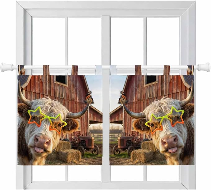 Farm Yaks Kitchen Curtains 24 Inch Length, Small Window Curtains Tab Top, Farmhouse Barn Funny Animals Butterfly Light Filtering Short Window Treatments Tier Drapes 27.5"x24" 2 Panel