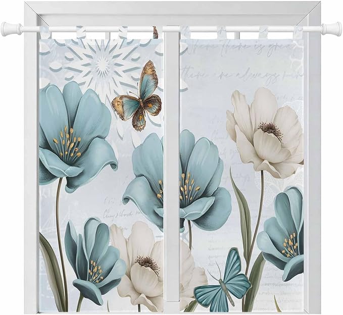 Blue Tulips Living Room Curtains 84 Inch Length, Window Curtains Tab Top, Watercolor Flowers Butterfly Spring Farmhouse Blue Light Filtering Window Treatments Drapes 42"x84" 2 Panel