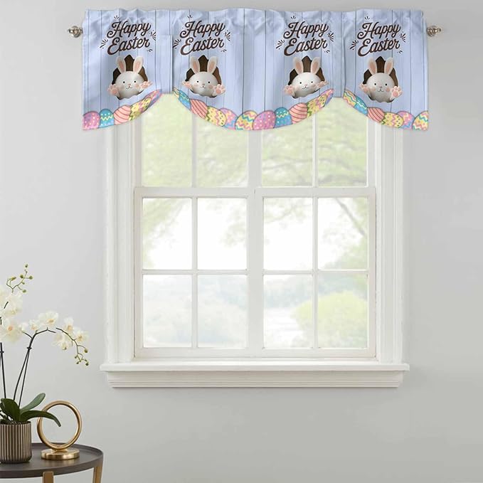 Blue Easter Tie Up Valance Curtains for Windows, Kitchen Curtains Window Shades, Spring Cartoon Bunny Colorful Eggs Wood Grain Light Filtering Roman Curtain Valances for Bedroom/Bathroom/Cafe 42"x12"