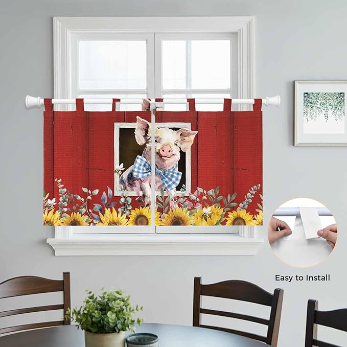 Pig Sunflowers Kitchen Curtains 24 Inch Length, Small Window Curtains Tab Top, Eucalyptus Leaves Floral Bees Red Barn Light Filtering Short Window Treatments Tier Drapes 27.5"x24" 2 Panel