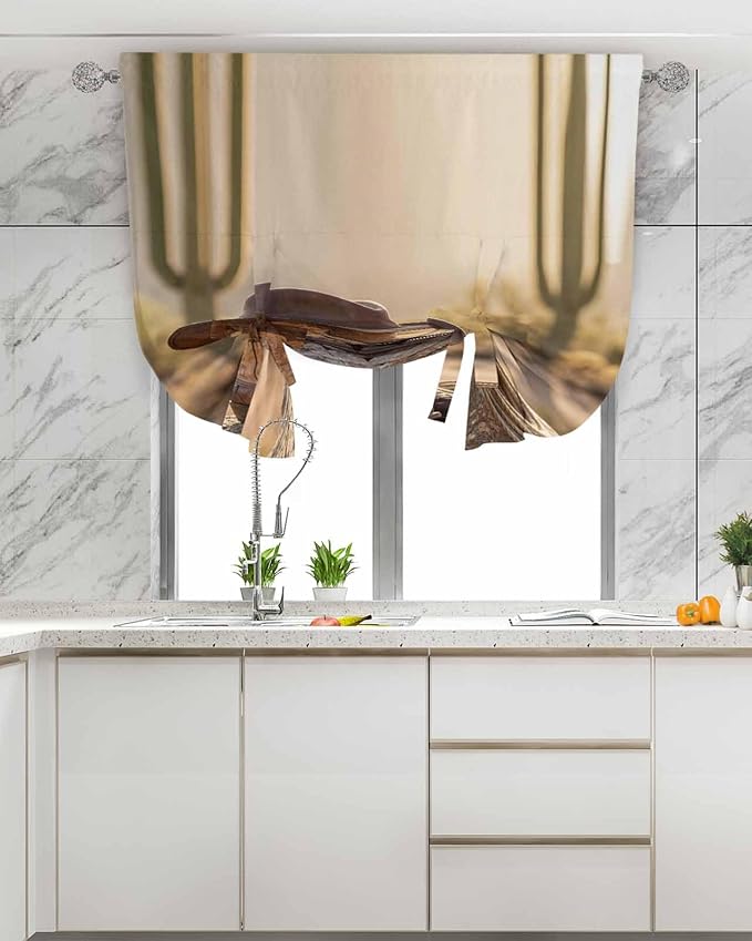 Tie Up Curtains for Windows, Cowboy Western Adjustable Balloon Nature Linen Textured Kitchen Curtain, Cowboy Hats Boots Desert Cacti Vintage Tie Up Light Filtering Curtains for Decor, 34 x 45 In