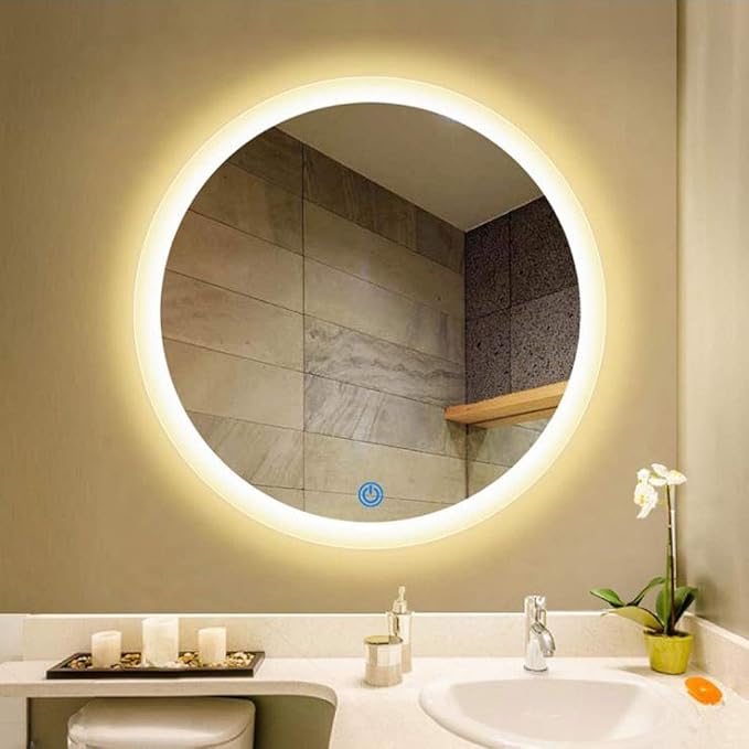 Bathroom Mirror with LED Light and Demister Pad Touch Sensor Wall Mounted Round Makeup Shaving Mirror (Color : Warm Light Size : 60cm) (Warm Light 60cm)