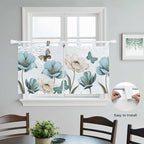 Blue Tulips Kitchen Curtains 24 Inch Length, Small Window Curtains Tab Top, Watercolor Flowers Butterfly Spring Farmhouse Blue Light Filtering Short Window Treatments Tier Drapes 27.5"x24" 2 Panel