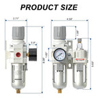 AIRZOE 3/8" NPT Compressed Air Filter Regulator Lubricator Combo, Air Compressor Water Separator AC3010-03,5 Micron Brass Element Semi-Auto Drain,0-145 psi Gauge