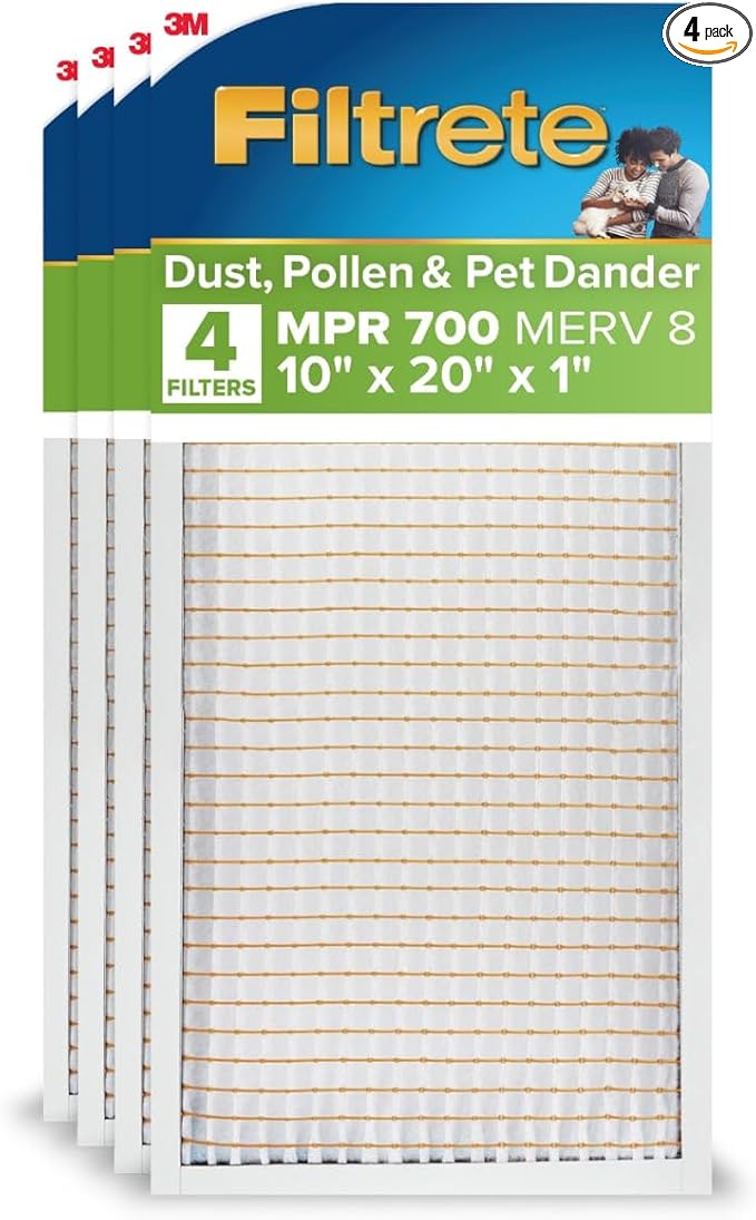Filtrete 10x20x1 AC Furnace Air Filter, MPR 700, MERV 8, Tough on Pollen, Easy on Airflow, 3-Month Pleated 1-Inch Electrostatic Air Cleaning Filter, 4-Pack (Actual Size 9.81 x 19.81 x 0.81 in)