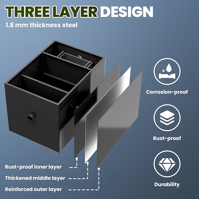 Grease Trap, 30 LBS Stainless Steel Interceptor, 23.6" × 15.7" × 18" Commercial Grease Trap for Kitchens, Coffee Shops, and Food Processing Plants That Produce Oily Wastewater
