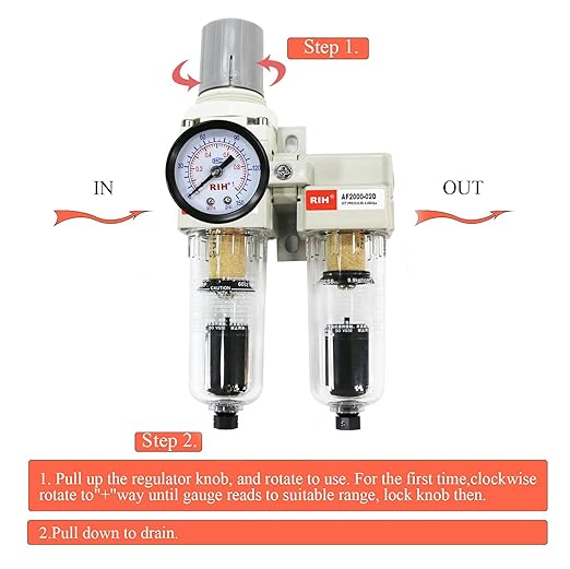 RIH Pneumatics 1/4'' NPT Auto Drain Compressed Air Double Filter & Regulator, Air Drying System, Air Compressor Water Separator, Poly Bowl,0-150 psi Gauge, 5 Micron Brass Element (1/4 NPT) AC2011-02D