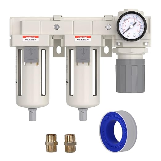 AIRZOE 3/4" NPT Air Dryer for Compressor-Air Compressor Water Separator AC4110-06,Double Air Compressor Filter,Air Pressure Regulator Combo,5 Micron Brass Element,Semi-Auto Drain,0-145 psi Gauge