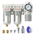 AIRZOE 3/8" NPT Air Dryer for Compressor-Air Compressor Water Separator AC3110-03,Double Air Compressor Filter,Air Pressure Regulator Combo,5 Micron Brass Element,Semi-Auto Drain,0-145 psi Gauge
