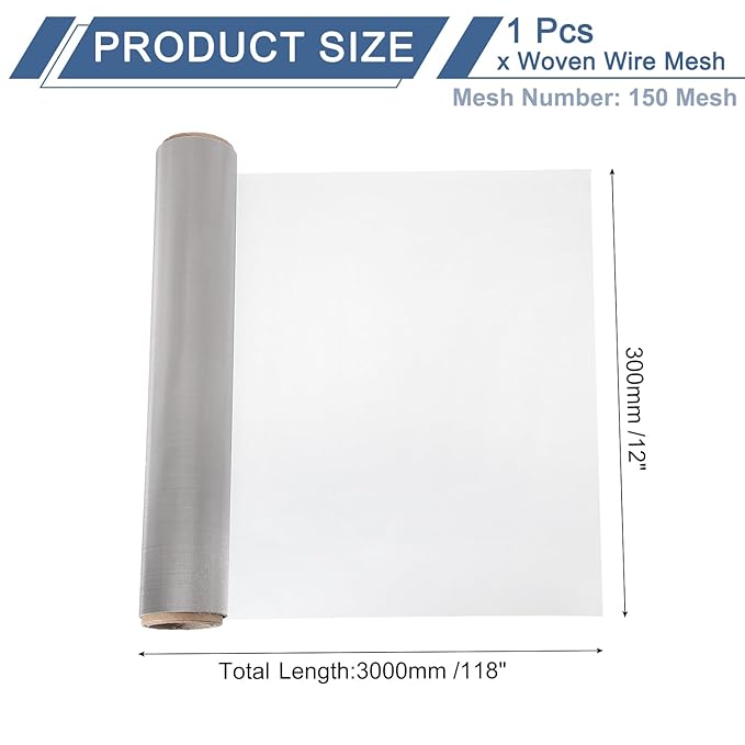 uxcell 150 Mesh 118" x 12" Woven Wire Mesh, 304 Stainless Steel Air Vent Filter Screen, Window Screen Mesh for DIY Projects Vents Cover Filtration Animals Fence