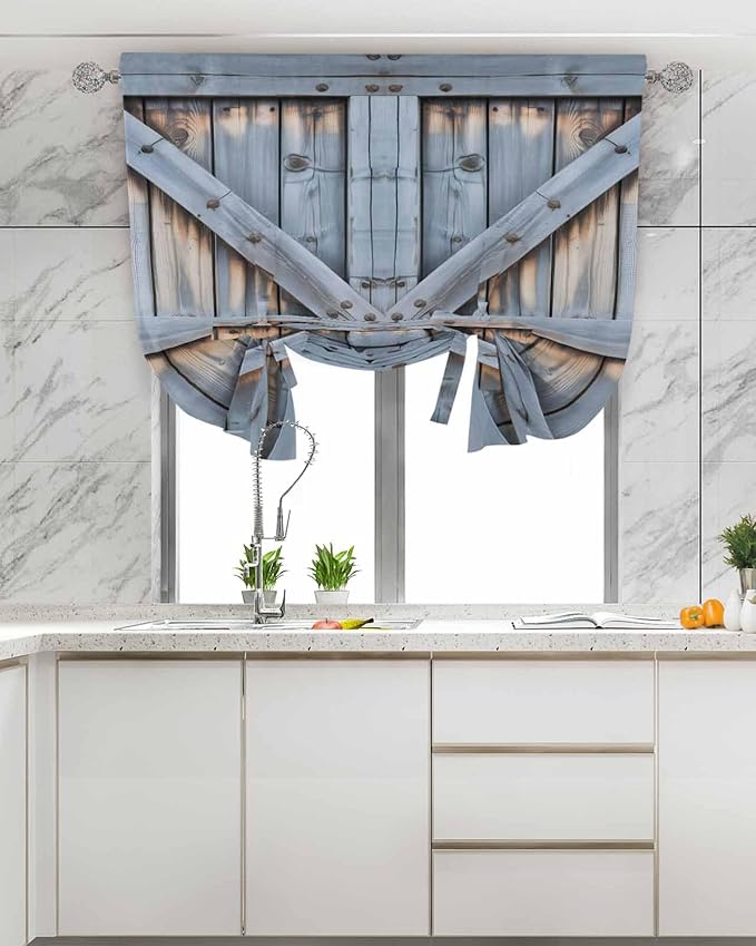 Tie Up Curtains for Windows, Farmhouse Wood Grain Adjustable Balloon Nature Linen Textured Kitchen Curtain, Vintage Country Barn Gate Textured Tie Up Light Filtering Curtains for Decor, 34 x 45 In