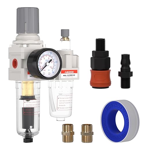 1/4" NPT Compressed Air Filter Regulator Lubricator Combo, Air Compressor Water Separator AC2010-02,5 Micron Brass Element Auto Drain,0-145 psi Gauge