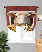 Tie Up Curtains for Windows, Sheep Sunflower Adjustable Balloon Nature Linen Textured Kitchen Curtain, Country Red Farm Barn Spring Flowers Decorative Tie Up Curtain for Window, 52" x 45"