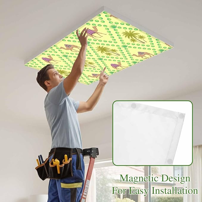 1 Pack Fluorescent Light Cover, Desert Sand Camels Light Covers for Ceiling Lights, Palm Trees Tropical Plants Polka Dot Yellow Magnetic Lights Filters Ceiling Shade for Classroom/Office - 4 x 2 Feet