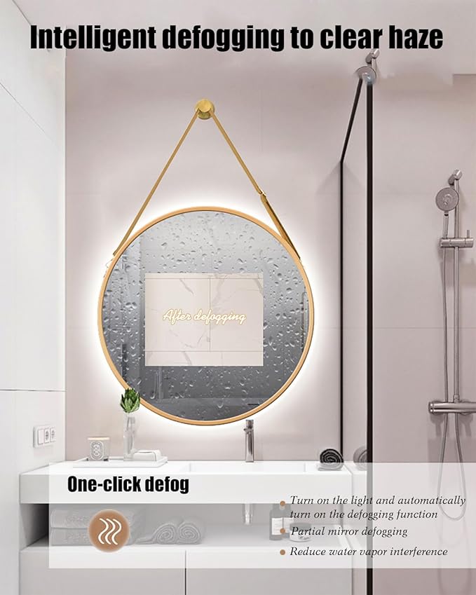 JSLJDM 500X500 mm Illuminated Backlit LED Bathroom Mirror, Wall Mounted Multifunction Bathroom Vanity Mirror with Lights and Demister Pad, Energy-Saving Illuminated Smart Mirror 50cm/19.8in Black