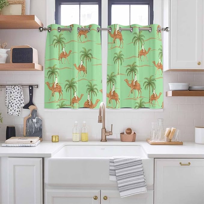2 Panel Kitchen Cafe Curtains, Desert Camels Sunlight Filtering Nature Air Through, Home Decor Window Covering Tier Curtains for Living Room 104W x 52L inch Tropical Date Palm Trees Animal Green