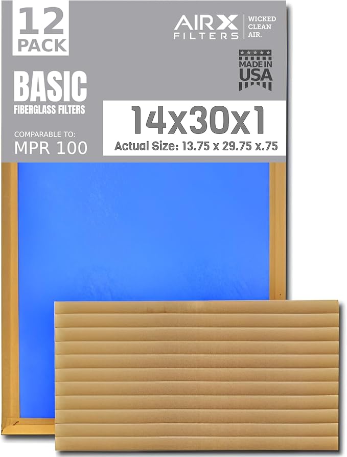 14x30x1 Air Filter Comparable to MPR 100 Basic Economy Furnace Filters, 12 Pack of Non Pleated Fiberglass Filter For Dust - Low Airflow Restriction! From AIRX FILTERS WICKED CLEAN AIR.