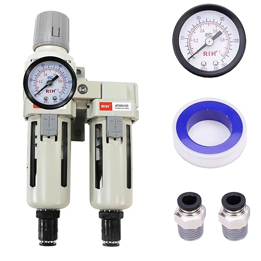 RIH Air Dryer System - 3/8”NPT Auto Drain Double Air Filters-5 Micron Particulate Filter& Air Pressure Regulator - Gauge(0-150 psi), Auto Drain, Poly Bowl,Bracket - 3 in 1 Two Unit AC3011-03D