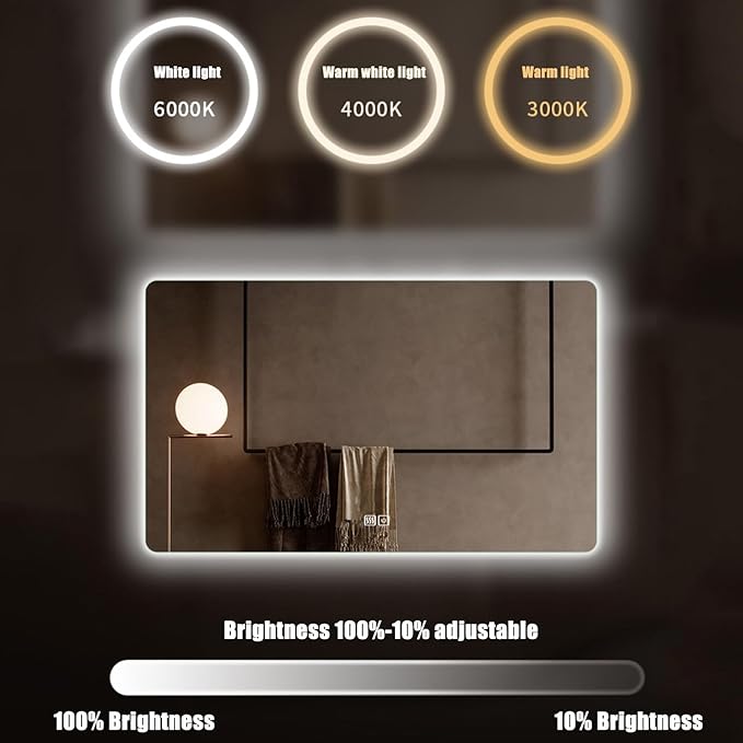 Illuminated 3 Colour LED Bathroom Mirror, Bathroom Light Mirror with Demister Pad, Dimming Function, Touch Switch, Wall Mounted Vanity Mirror, Decorative Mirror(B1,27.5"x35.4"/70x90cm)