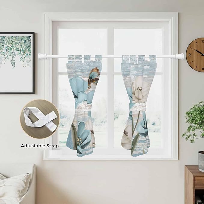 Spring Floral Bedroom Curtains 63 Inch Length, Window Curtains Tab Top, Vintage Tulips Flower Butterfly Retro Wood Blue Light Filtering Window Treatments Drapes 42"x63" 2 Panel